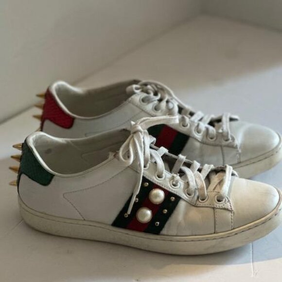 Gucci Ace Studded Whites Shoe Size 35.5 US 5.5 431887 Calfskin Webbed - Picture 1 of 11